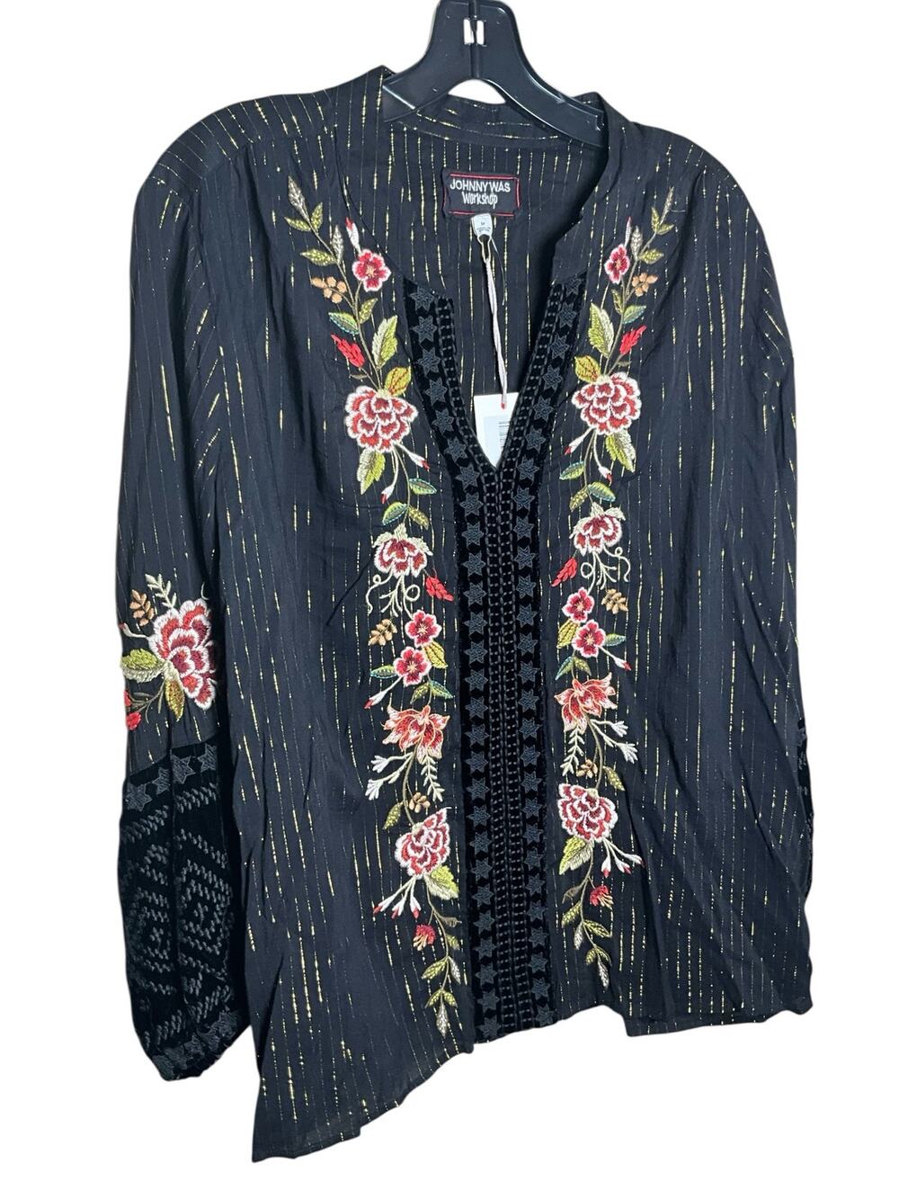 Johhny Was Mix Paris Effortless Blouse Top Women's Medium Black Floral Velvet